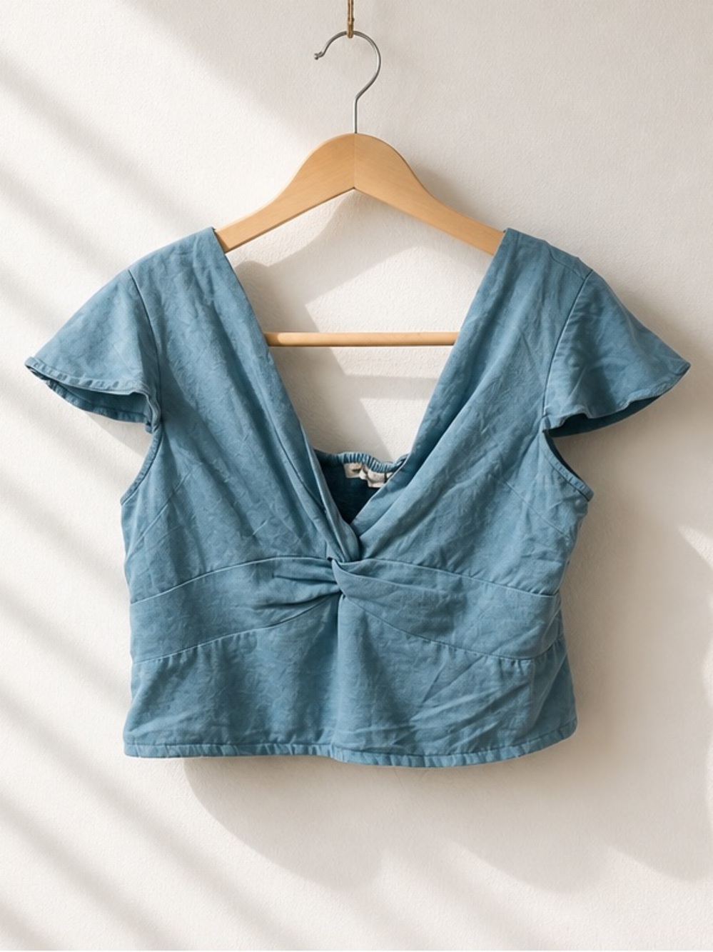 Light Blue Rayon Twist-Front Crop Top with Flutter Sleeves Smocked Back Large